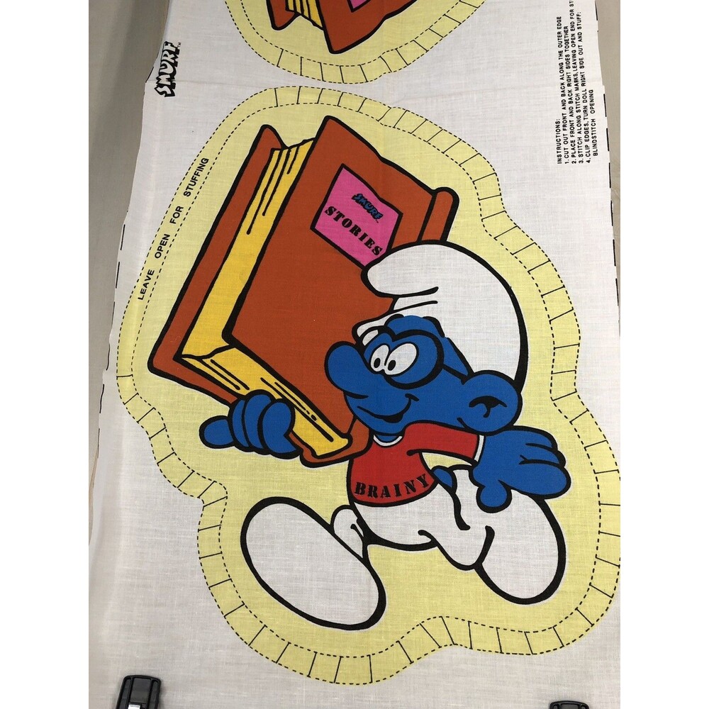 Vintage NOS Peyo Smurf Fabric Panel Pillow Cut Out Brainy DIY New